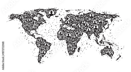 Global network of people represented by icons on a world map, symbolizing connection and community worldwide