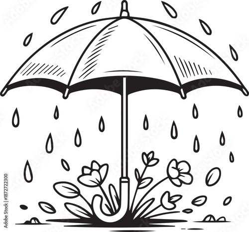 Open umbrella protecting blooming flowers from falling rain drops, puddle at feet, outline sketch