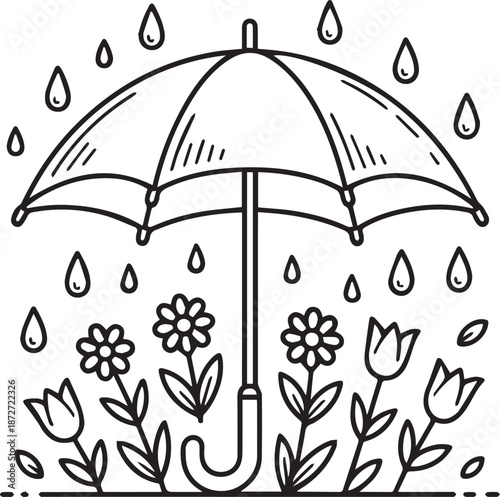 Umbrella providing shelter for diverse blooming flowers in gentle rain, outline sketch