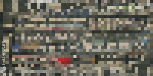 Abstract pixelated mosaic of urban cityscape with red accent.