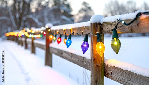 Winter scene with colorful string lights on a wooden fence, covered in fresh snow