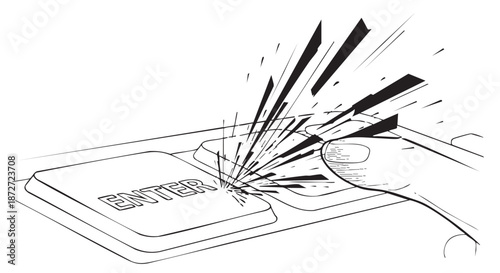 Energetic finger pressing the 'ENTER' key on a computer keyboard with explosive force, symbolizing action, command, and digital interaction.