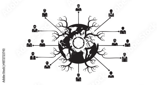Conceptual illustration of a global network connecting people worldwide to the Earth, representing communication, community, and shared responsibility.