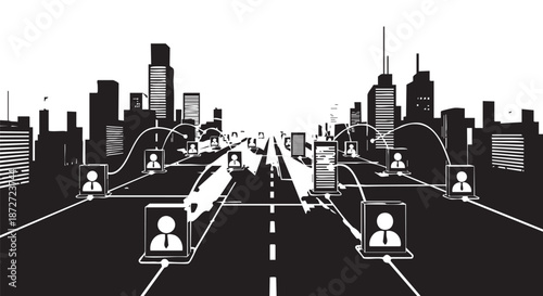Monochrome smart city network illustration: interconnected users, devices, and vehicles on an urban road, symbolizing modern digital communication and technology.