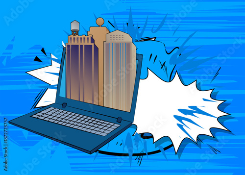 Cartoon Laptop, comic book Notebook with Skyscraper. Retro vector comics pop art design.
