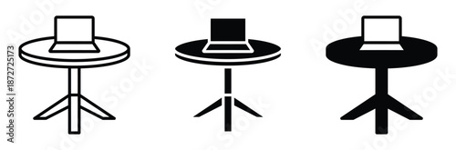 Laptop on table in different shades of black and white,Three laptops on round tables in modern workspace setup