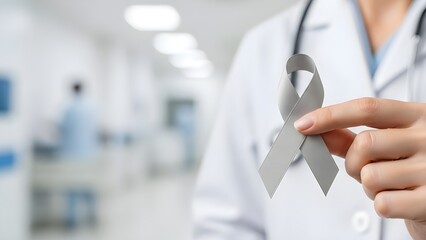 Gray awareness ribbon held by a medical professional in a hospital setting, symbolizing support, awareness, and solidarity for health issues, mental health, and disease prevention campaigns.