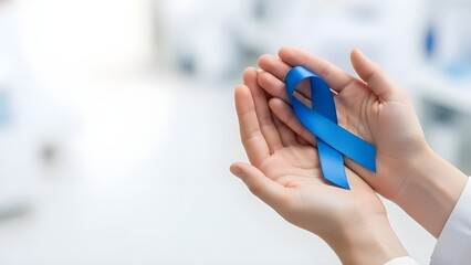 Blue awareness ribbon resting in caring hands against a clean medical background, representing health awareness, support, trust, and advocacy for medical, social, and wellness causes.