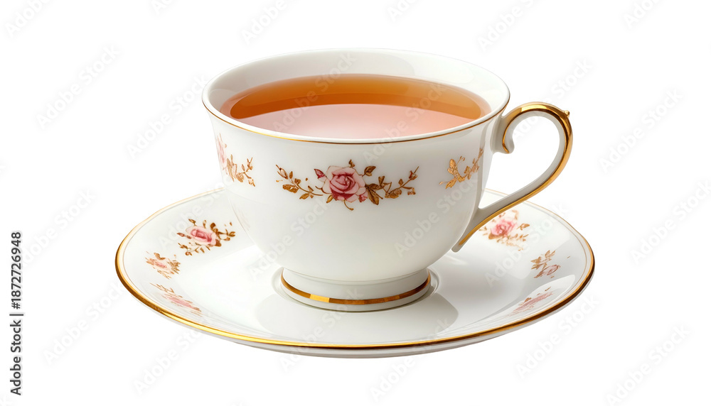 Fototapeta premium Elegant teacup with floral design, filled with amber liquid, resting on matching saucer