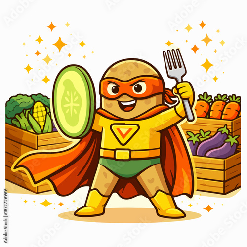 Tomato vegetable superhero character with fresh produce at market