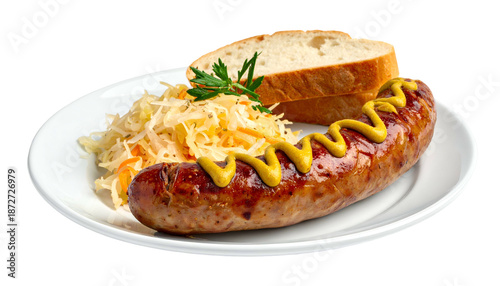 Plated meal grilled sausage with mustard, sauerkraut, and bread