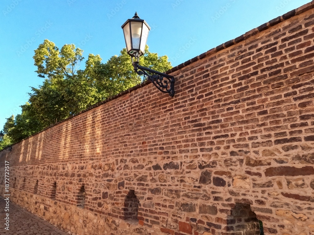 Ταπετσαρία A picturesque brick wall featuring a vintage lantern and vibrant greenery in the