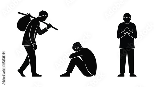 Silhouette figures depicting different emotional states walking despair and composure