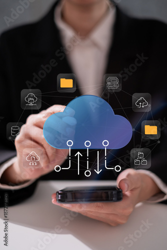 User using cloud service for upload transfer file data online digital information network server storage computer laptop, cloud data futuristic cyberspace technology concept