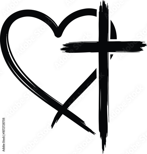 Brush Stroke Heart and Cross – Christian Love Symbol Illustration