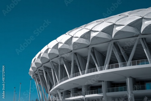 Modern stadium structure under a clear blue sky.