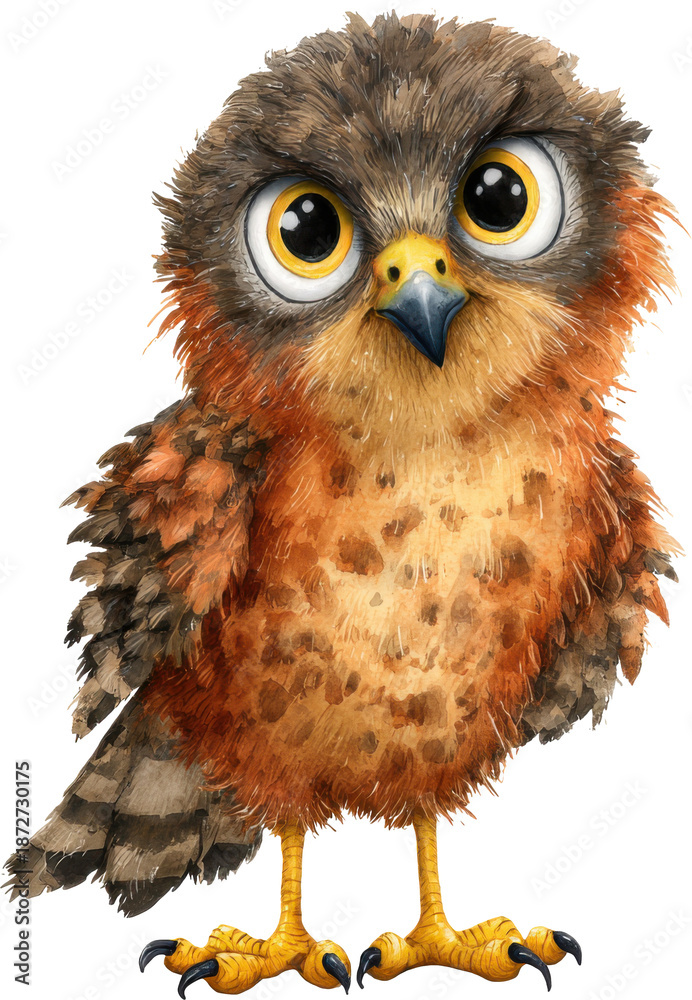 Fototapeta premium Adorable cartoon owl with big eyes and orange feathers isolated on transparent background