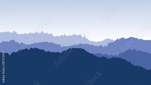Layered blue mountain landscape with gradient shades and abstract silhouettes for serene background design