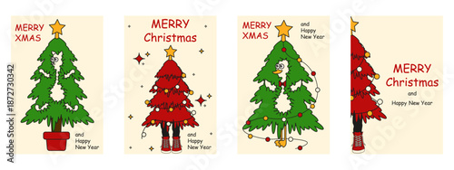Modern vector Christmas greeting card cover set. Creative surreal silliness Christmas tree with cat goose and bold holiday message. XMAS background collection.