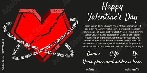 Valentine's Day horizontal ads vector banner design. Modern Valentine Day banner with trendy Glitch effect geometric broken red heart and bold holiday message. EPS 10