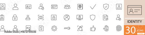 Flat line vector identity icon set showing user profile, identification, and digital identity concepts in clean minimal style. Perfect for security, authentication, and technology design use