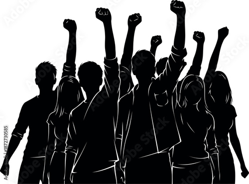 Black silhouette of a group of people with raised fists