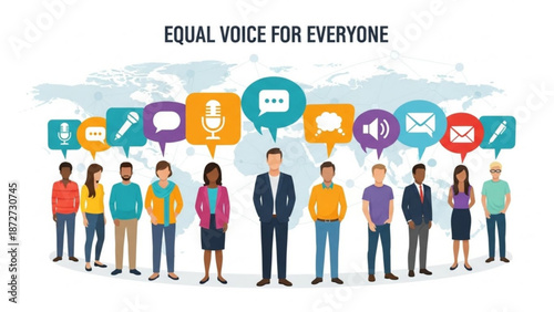 Diverse group of people with speech bubbles representing equal voice for everyone concept of communication and unity on a world map backgroun