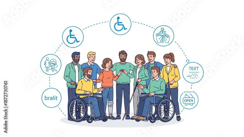 Diverse group of people with disabilities and able-bodied individuals representing inclusion and accessibility vector illustration for concep