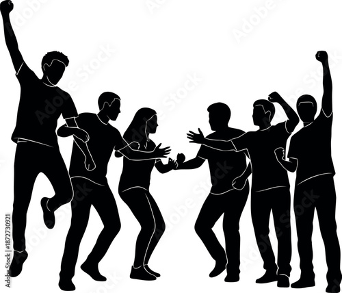 Silhouette of six people dancing and celebrating together in a joyful scene