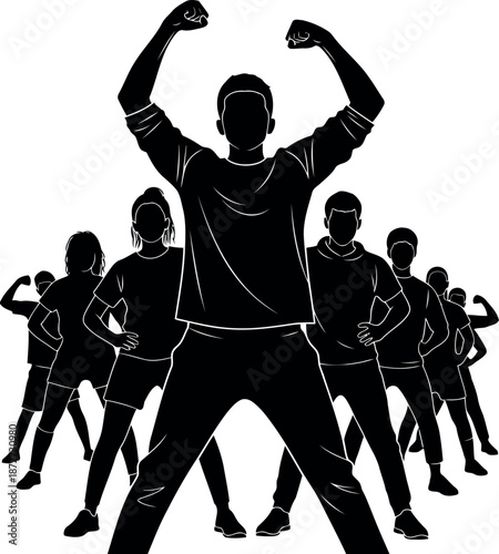 Silhouette of a group of people flexing and dancing in unison