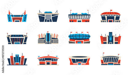 Football stadium and soccer arena flat vector icon set isolated on transparent background