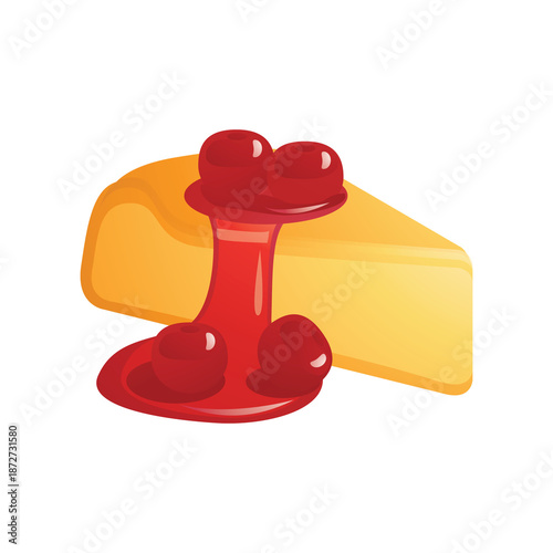 Cheese slice with cherry sauce, dessert topping, fruit sauce, cheese dessert, sweet treat