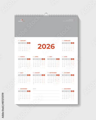 Calendar Design 2026 For Office Desk Or Wall Vector Template.