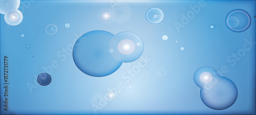 Transparent blue water drops and soap bubbles float against a clear liquid backdrop in this vector illustration featuring light spheres and air circles on a nature inspired blue wallpaper design