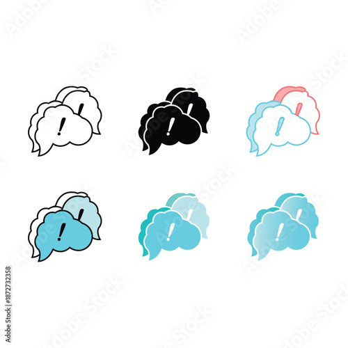 Set of six speech bubble icons with exclamation marks, showing different styles like outline, solid, and gradient, representing alerts or important messages.