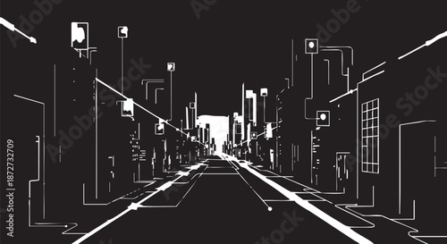 Futuristic city street perspective, black and white line art, glowing lights, urban landscape, digital art