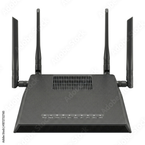 Schilderij op canvas Modern black wireless router with four antennas on transparent background