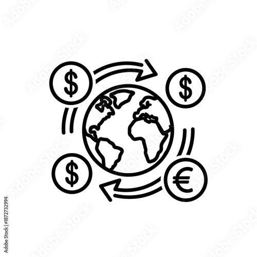 Global Currency Exchange Illustration Showing Dollar and Euro Transactions Around the World