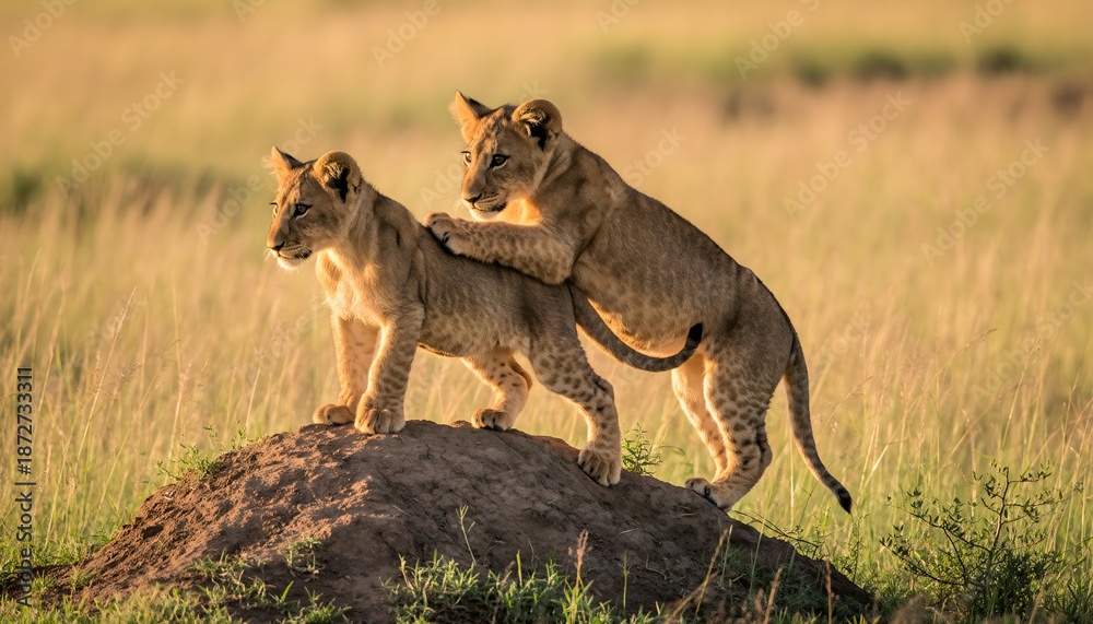 Obraz premium Two young lion cubs playing on a grassy mound in the African savanna