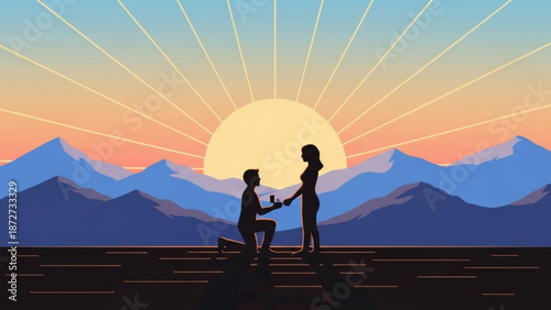 Couple silhouetted during a marriage proposal at sunset with mountains and ocean romantic moment illustration for wedding or engagement concepts