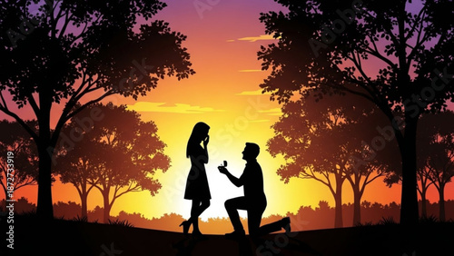 Silhouette of man proposing marriage to woman with ring at sunset romantic proposal scene with trees and vibrant sky symbolizing love and commitment