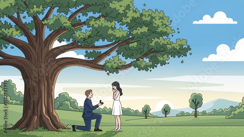 Man proposing marriage to woman under a large tree in a park romantic scene with engagement ring illustration for love and relationships