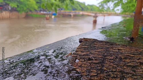 A damaged river embankment is shown beside rising muddy flood water with a bridge visible in the background. Environment disaster concept