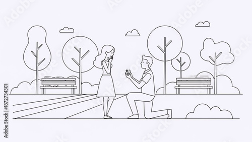 Man proposing to woman in a park with ring romantic proposal scene simple line art illustration for engagement and wedding concepts