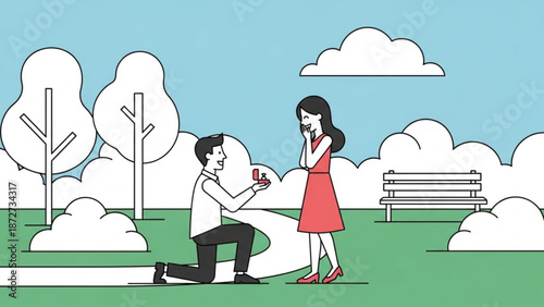 Man proposing marriage to woman in park offering engagement ring in a box romantic proposal scene with trees and bench flat vector illustration