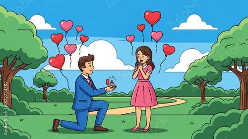 Man proposing marriage with ring box to surprised woman in park heart balloons floating romantic proposal concept illustration for love and relationships