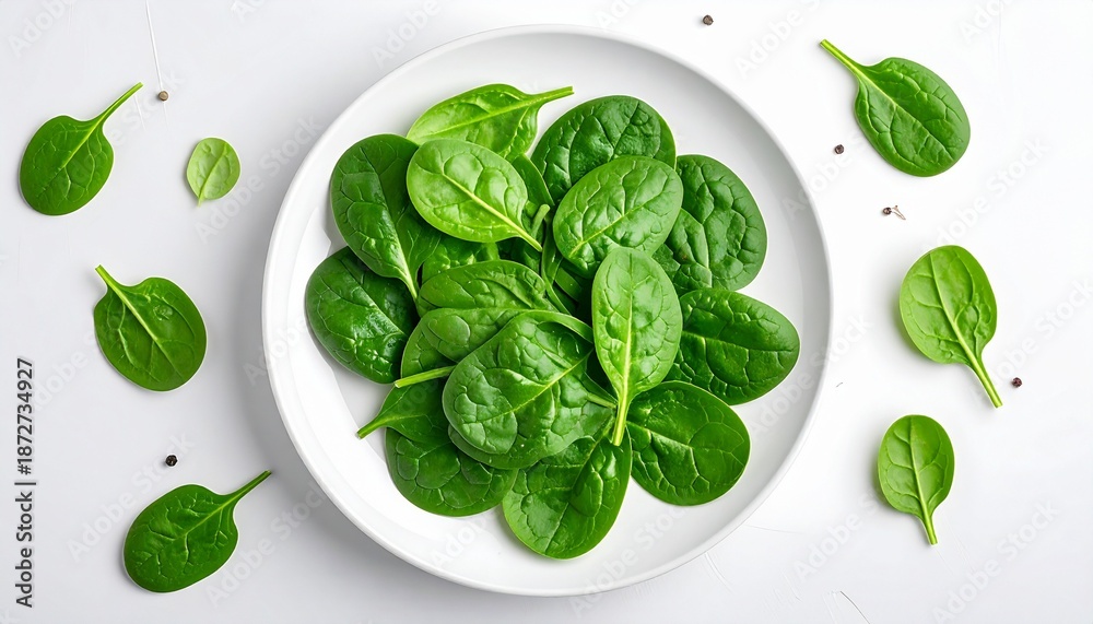 Obraz premium Fresh spinach leaves with peppercorns on a plate. Ideal for food blogs, cooking websites, or healthy eating social media pos