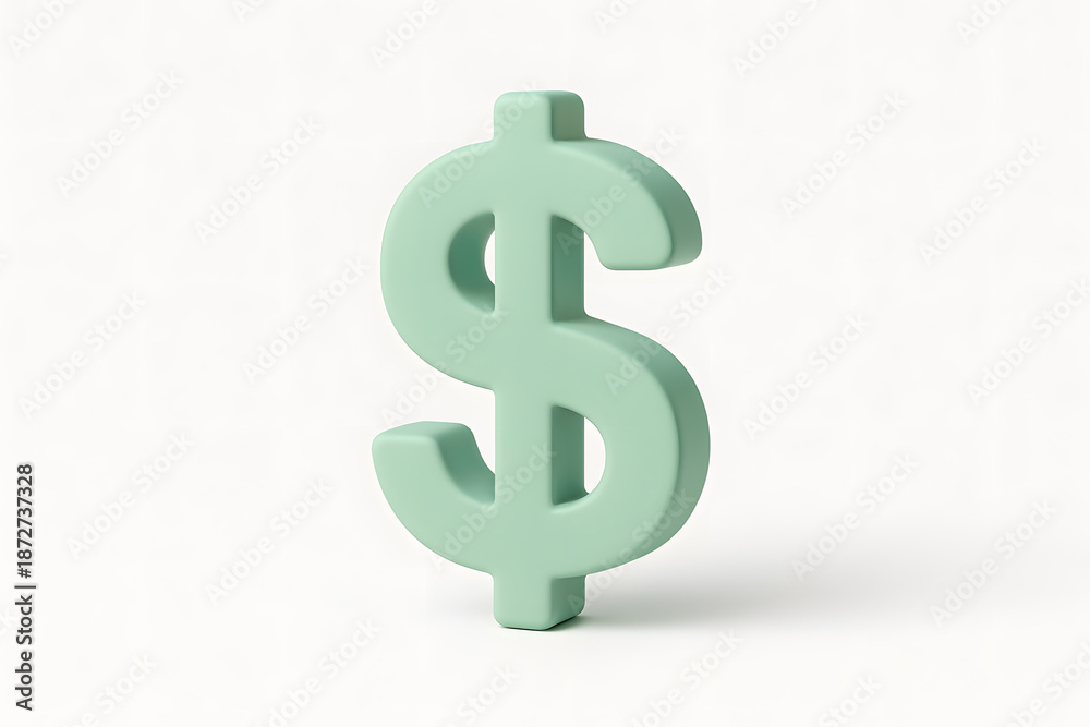 Obraz premium A solitary green dollar sign stands upright on a white surface, casting a subtle shadow