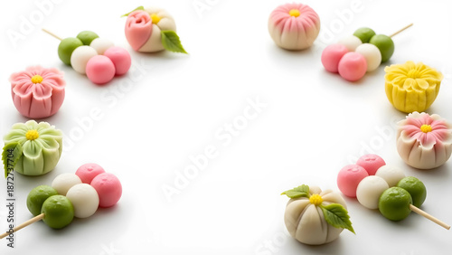 色鮮やかな和菓子と三色団子のフレーム素材 白背景 16:9