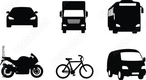 Silhouette of various transportation modes including car, bus, van, motorcycle, truck and bicycle against a white background